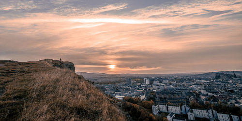 High angle view of edinburgh against sky at sunset