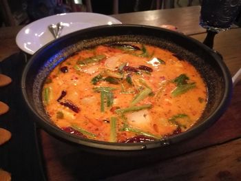 High angle view of soup in bowl