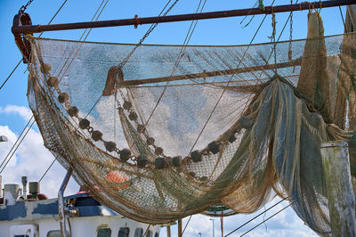 Low angle view of fishernets against sky