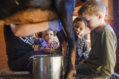 Children looking at farmer milking goat at farm