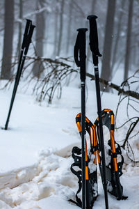 Close-up of hiking equipment in the snow