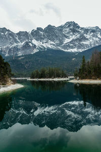 Scenic view of lake and snowcapped mountains against sky