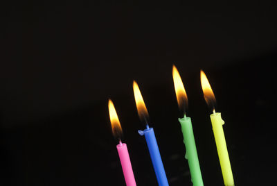 Close-up of burning candle against black background