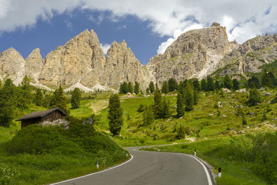 Panoramic shot of road by trees against sky