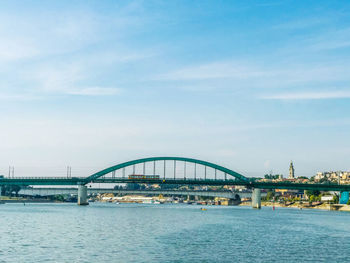 View of bridge over river against cloudy sky