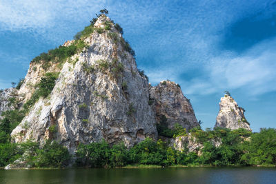 Rock formations by sea against sky