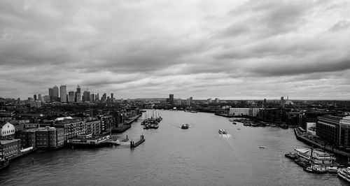 Panoramic view of buildings against cloudy sky