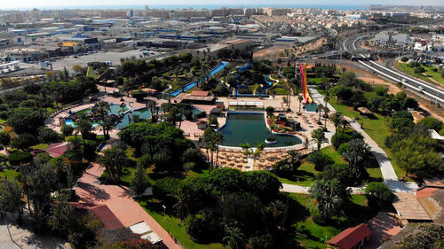 High angle view of buildings in city