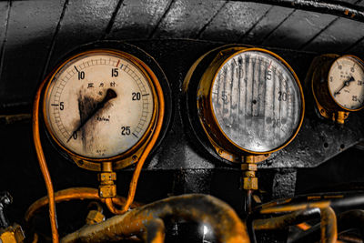 Close-up of gauge in vintage locomotive