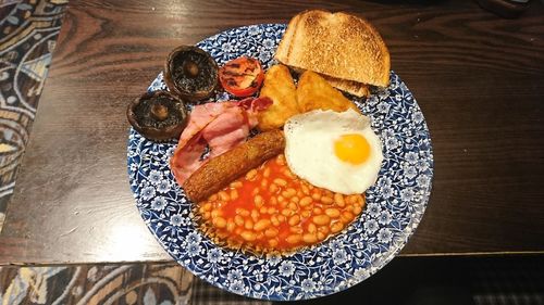 High angle view of breakfast served on table