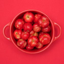 High angle view of cherries in bowl