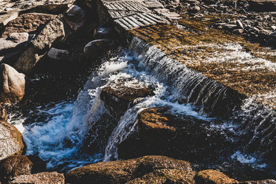 High angle view of water flowing through rocks