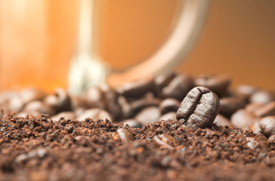 Close-up of coffee beans on the ground coffee