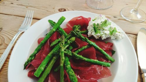 High angle view of salad in plate on table