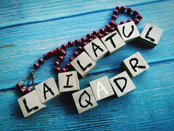 High angle view of text on table