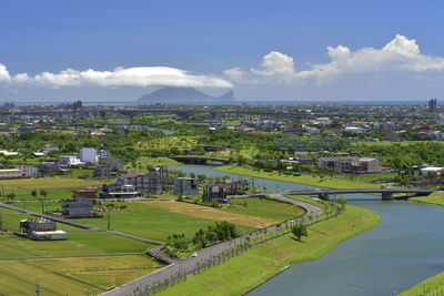 High angle view of cityscape against sky