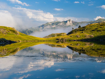 Lake and mountains against cloudy sky at pyrenees