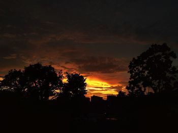 Silhouette trees against dramatic sky during sunset