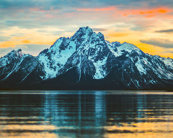 Scenic view of snowcapped mountains against sky during sunset