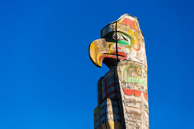 Low angle view of statue against clear blue sky