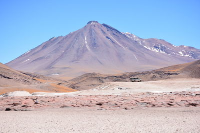 Scenic view of desert against clear blue sky