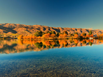 Scenic view of lake by mountains against clear blue sky