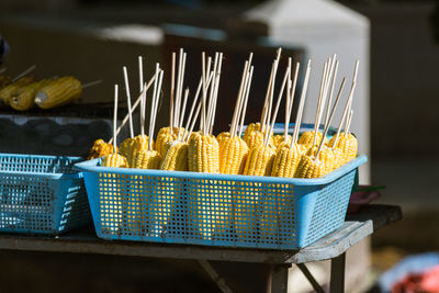 Close-up of wicker basket on table at market