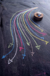 Close-up of multi colored chalk drawing on blackboard