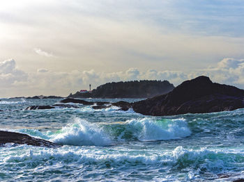 Scenic view of sea and rock formations against sky