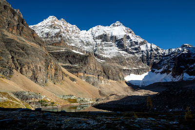 Scenic view of snowcapped mountains against clear sky