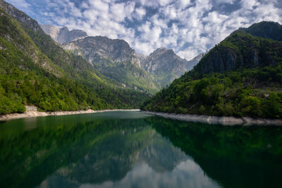 Scenic view of lake and mountains against sky