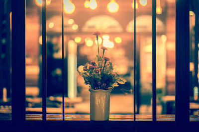 Close-up of illuminated flower vase on glass window