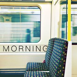 Close-up of text on train window