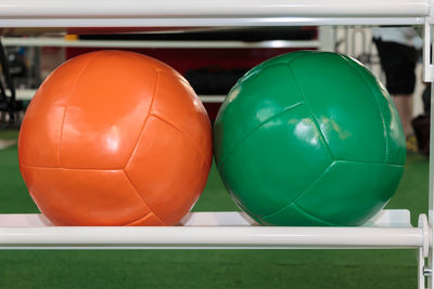 Close-up of multi colored volleyballs