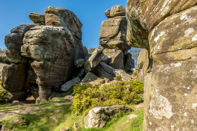 Low angle view of rock formation against sky