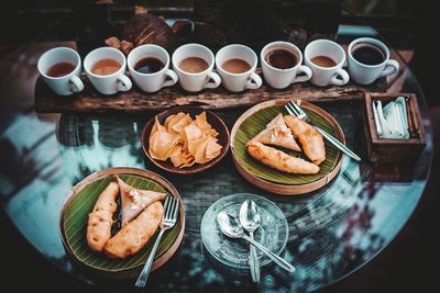 High angle view of breakfast on table
