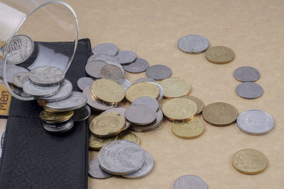 High angle view of coins on table