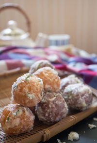 Close-up of ice cream in basket on table