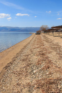 View of calm beach against blue sky