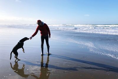 Full length of man walking on beach against sky