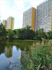 Reflection of trees and buildings in lake