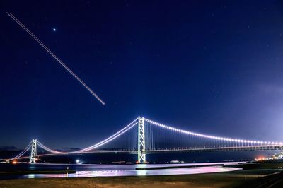 Illuminated suspension bridge at night