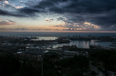 High angle view of cityscape against sky at sunset