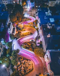 High angle view of illuminated city at night