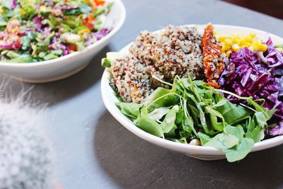 Close-up of quinoa bowl with salad