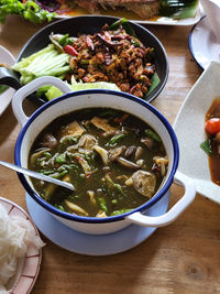 High angle view of soup in bowl on table