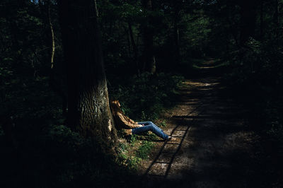 Man sitting on tree trunk in forest