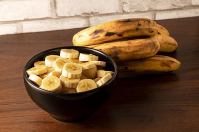 High angle view of fruits in bowl on table