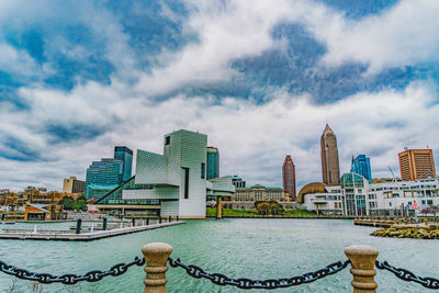 Buildings against cloudy sky