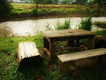 Wooden post by the lake